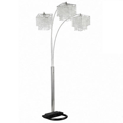 Benjara Nira Floor Lamp, 3 Hanging Crystal Shades, 90 Inch Silver Arc Frame