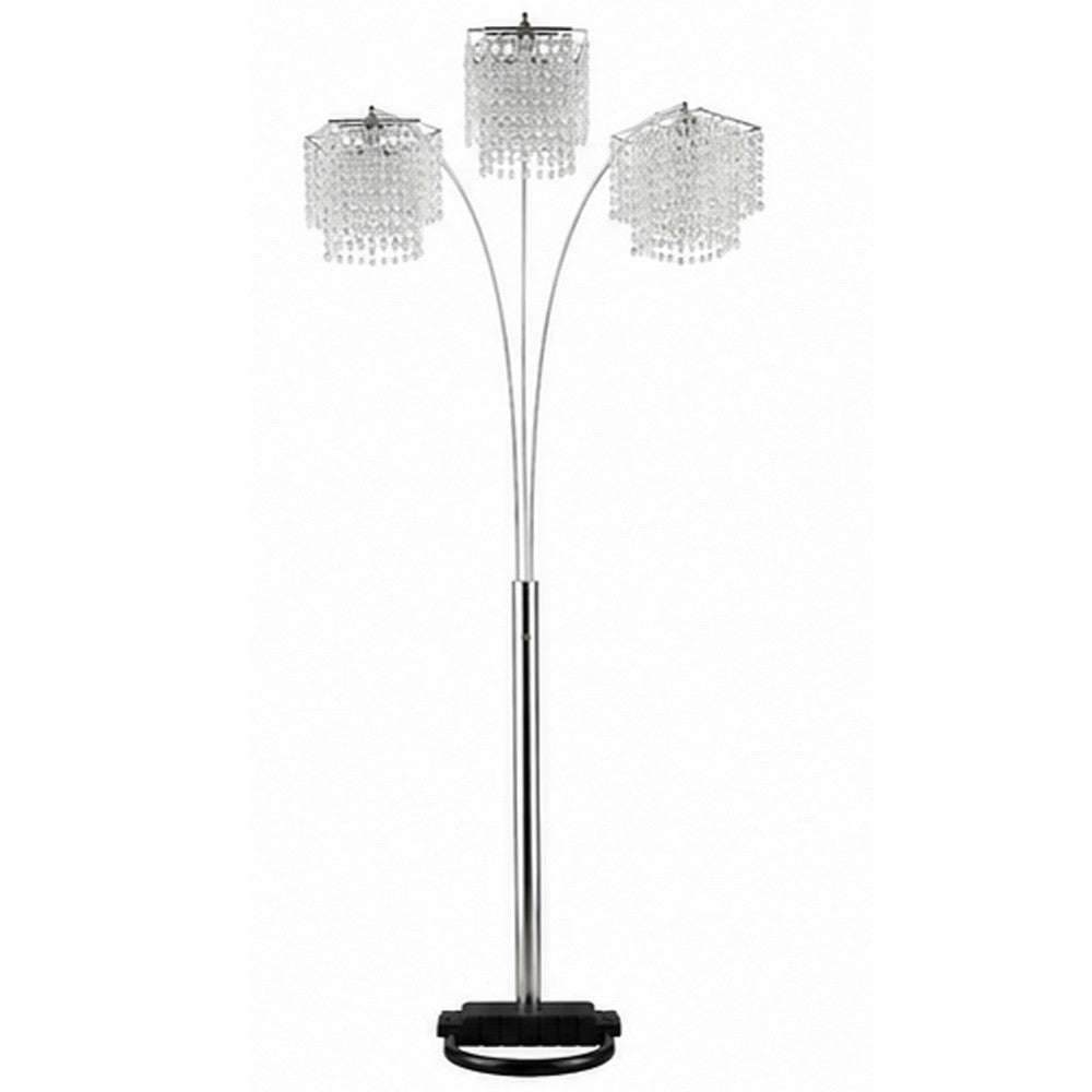 Benjara Nira Floor Lamp, 3 Hanging Crystal Shades, 90 Inch Silver Arc Frame