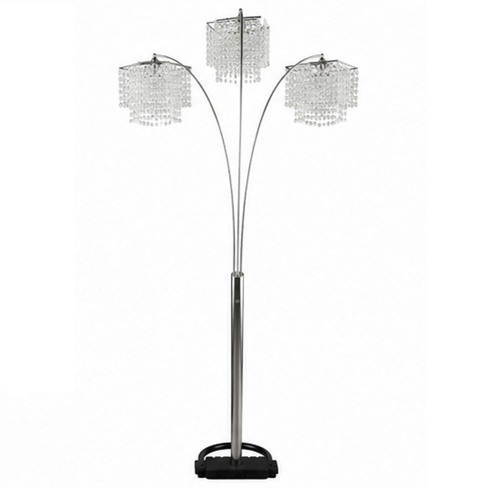 Benjara Nira Floor Lamp, 3 Hanging Crystal Shades, 90 Inch Silver Arc Frame