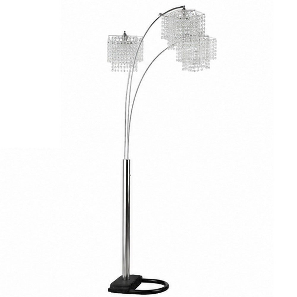 Benjara Nira Floor Lamp, 3 Hanging Crystal Shades, 90 Inch Silver Arc Frame