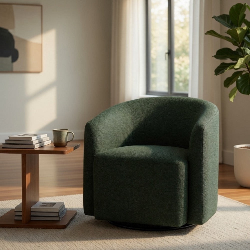 Benjara Lira Swivel Accent Chair, Green Upholstered Barrel Back, Sloped Arms
