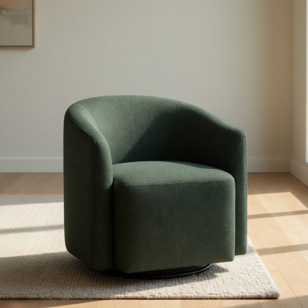 Benjara Lira Swivel Accent Chair, Green Upholstered Barrel Back, Sloped Arms