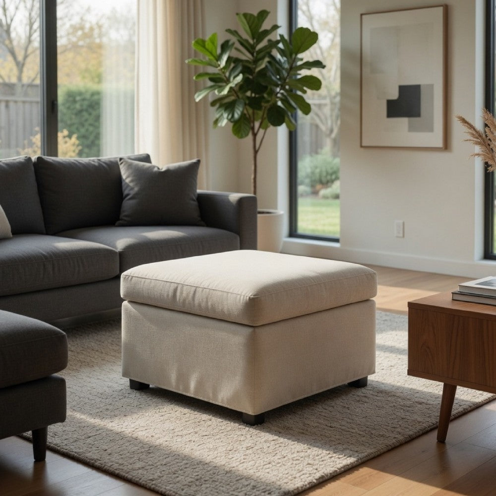 Benjara Jira Modern Storage Ottoman, Black Feet, Beige Upholstery, 24 Inch