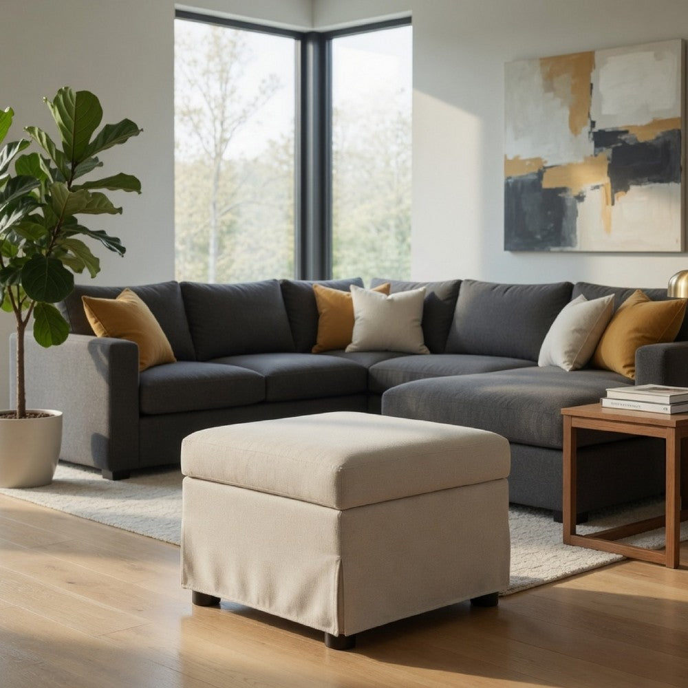 Benjara Jira Modern Storage Ottoman, Black Feet, Beige Upholstery, 24 Inch