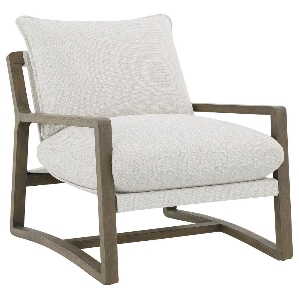 Benjara Gina Accent Chair, Beige Boucle Upholstered Cushion, Ash Brown Wood