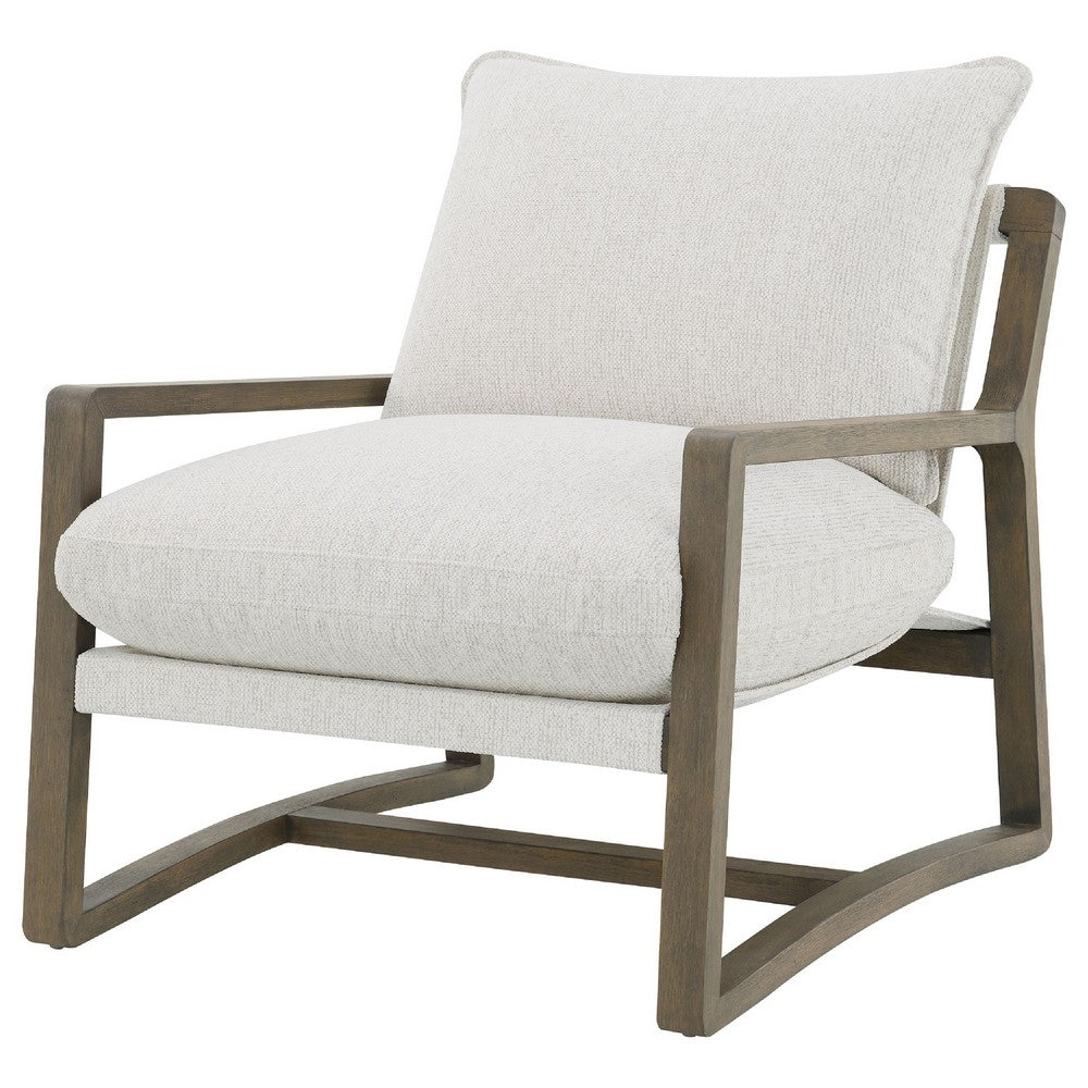 Benjara Gina Accent Chair, Beige Boucle Upholstered Cushion, Ash Brown Wood