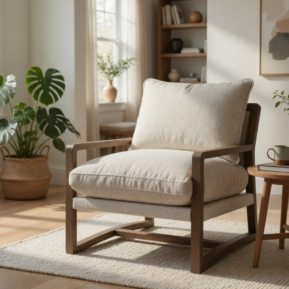 Benjara Gina Accent Chair, Beige Boucle Upholstered Cushion, Ash Brown Wood
