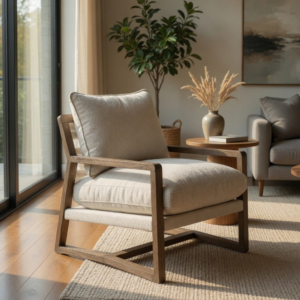 Benjara Gina Accent Chair, Beige Boucle Upholstered Cushion, Ash Brown Wood