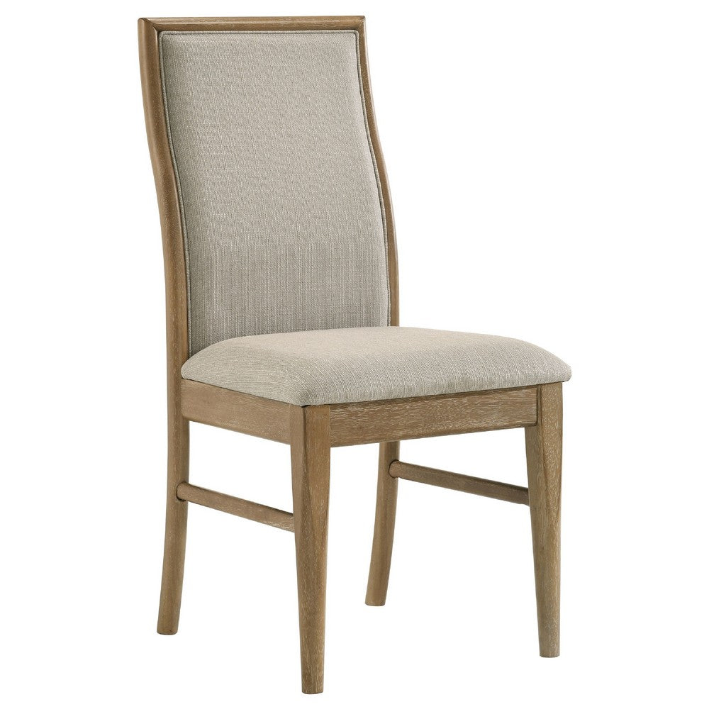 Benjara Amity Dining Chair Set of 2, Beige Textured Fabric, Natural Rubberwood