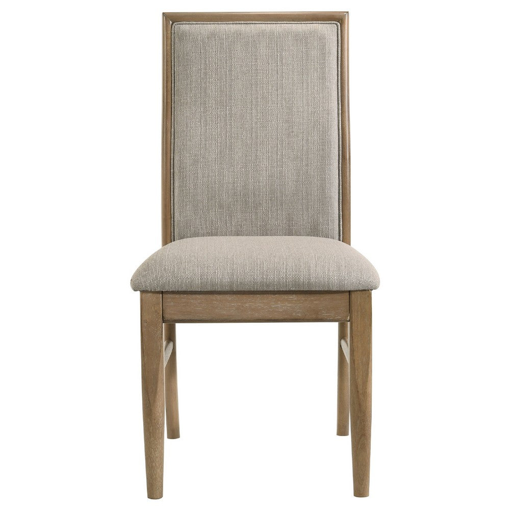 Benjara Amity Dining Chair Set of 2, Beige Textured Fabric, Natural Rubberwood