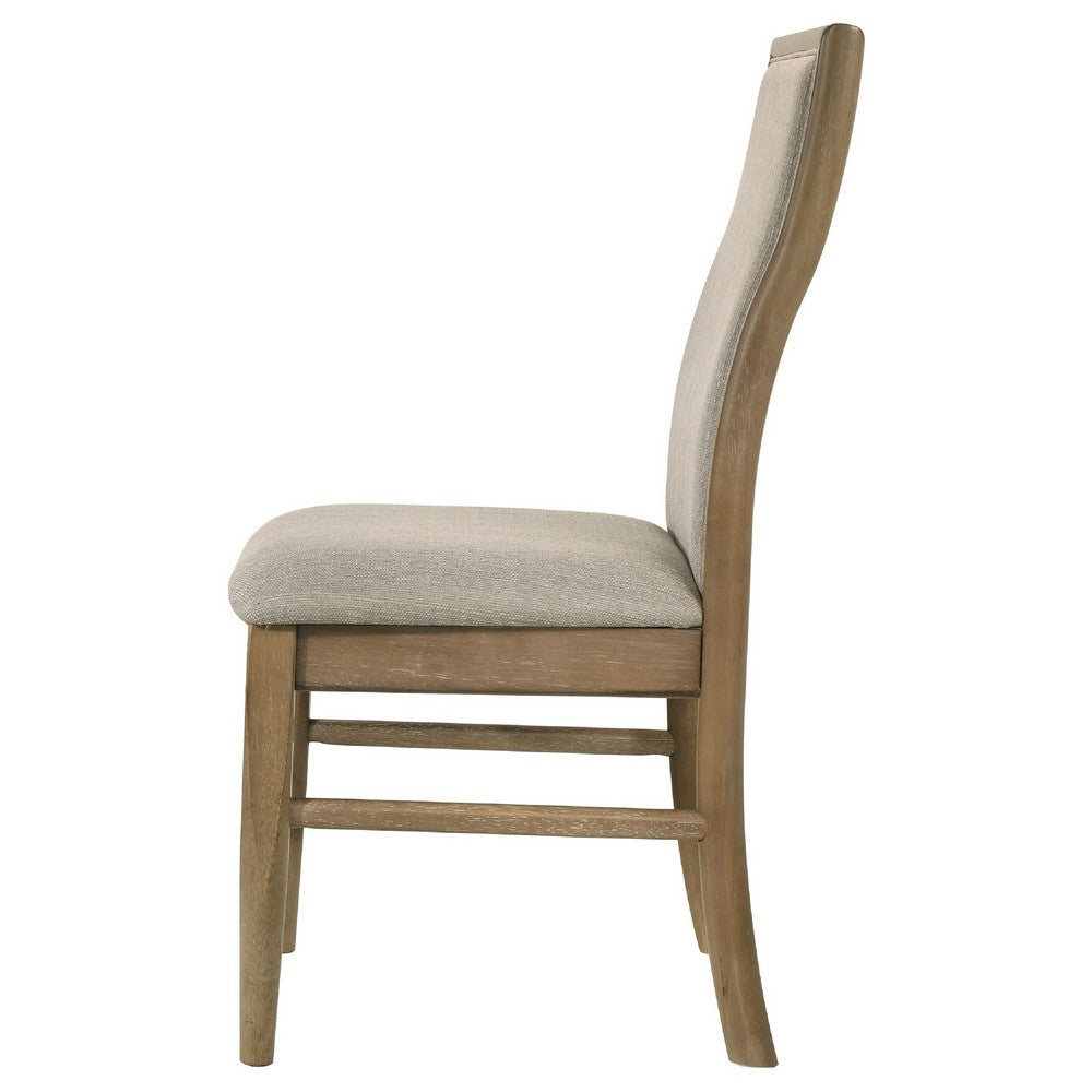 Benjara Amity Dining Chair Set of 2, Beige Textured Fabric, Natural Rubberwood