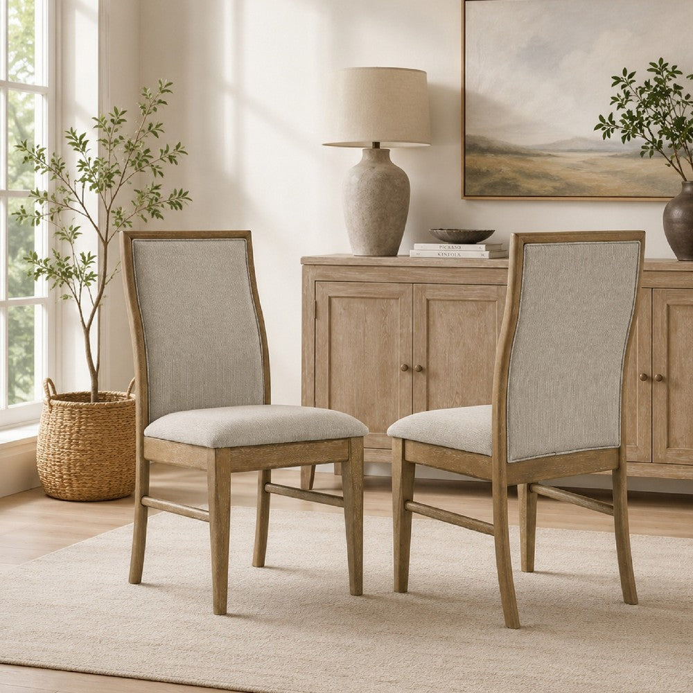 Benjara Amity Dining Chair Set of 2, Beige Textured Fabric, Natural Rubberwood