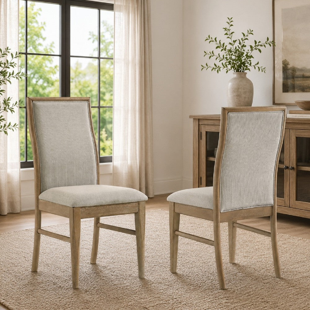 Benjara Amity Dining Chair Set of 2, Beige Textured Fabric, Natural Rubberwood
