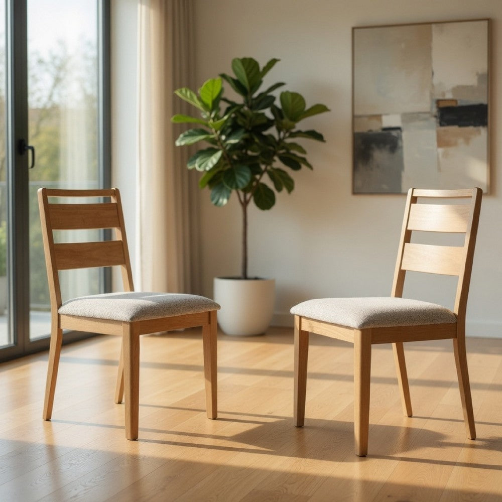 Benjara Brion Ladderback Dining Chair, Set of 2, Boucle Fabric, Wash Oak Wood