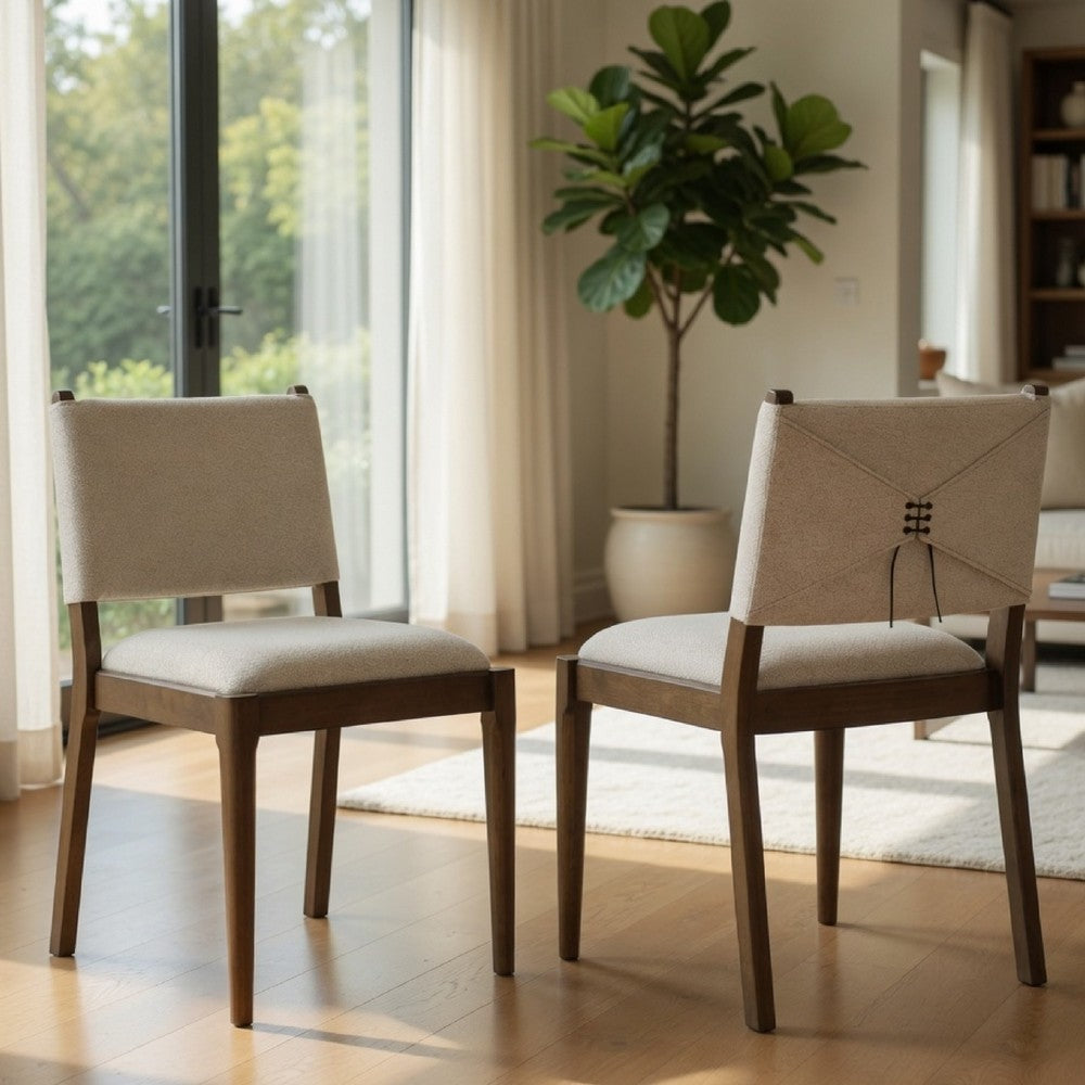 Benjara Clera Upholstered Dining Side Chair, Tie Details, Set of 2, Brown Wood