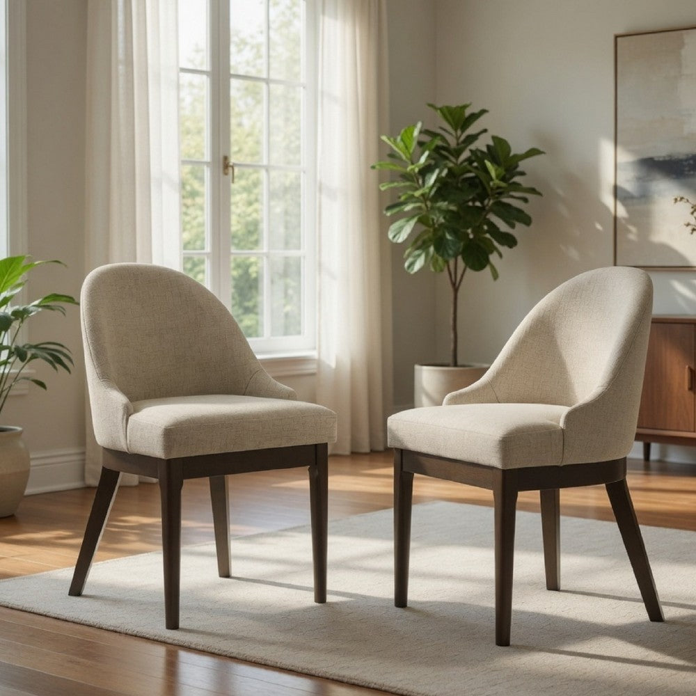 Benjara Dyna Curved Dining Side Chair, Set of 2, Beige Fabric, Walnut Brown Wood