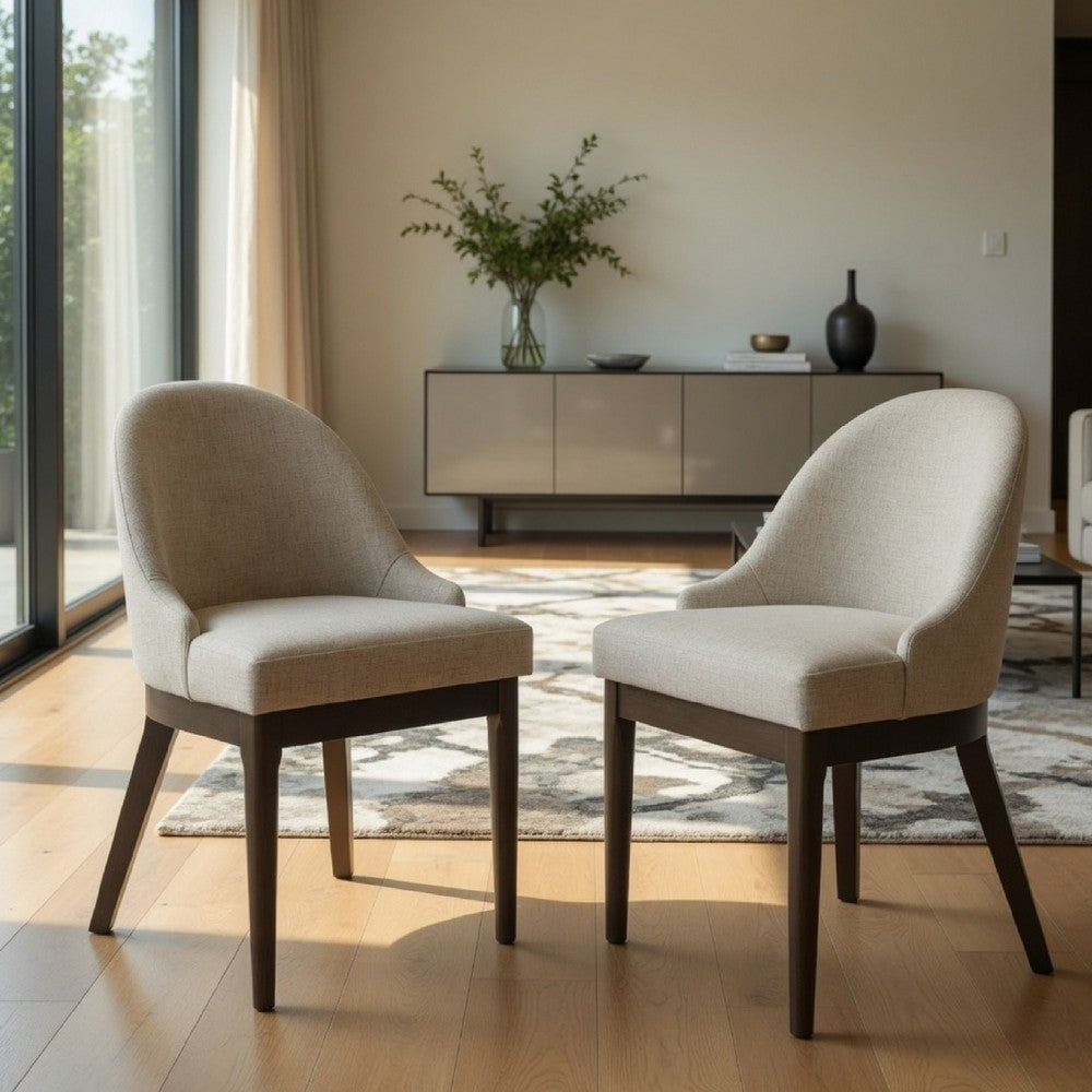 Benjara Dyna Curved Dining Side Chair, Set of 2, Beige Fabric, Walnut Brown Wood