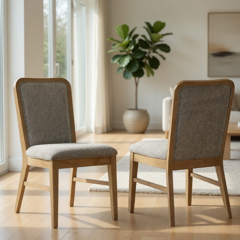 Benjara Elora Dining Side Chair, Set of 2, Gray Fabric, Weathered Natural Wood