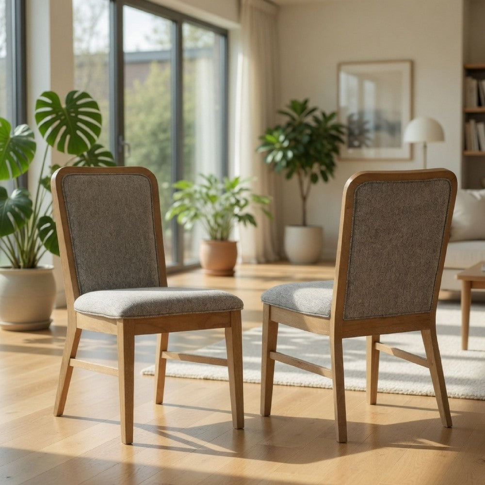 Benjara Elora Dining Side Chair, Set of 2, Gray Fabric, Weathered Natural Wood