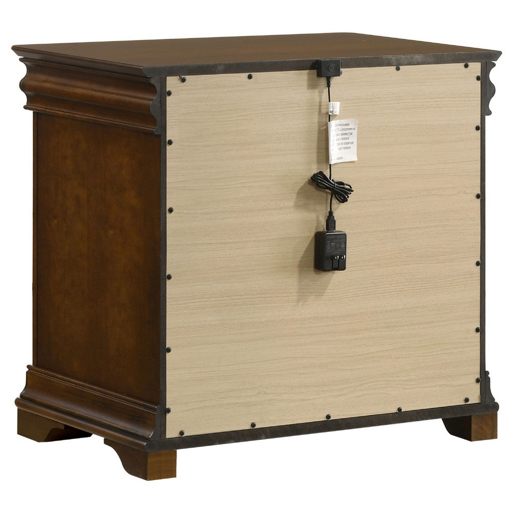 Benjara Gravis Nightstand with 3 Drawers, Crown Moldings, Cherry Brown, 28 Inch