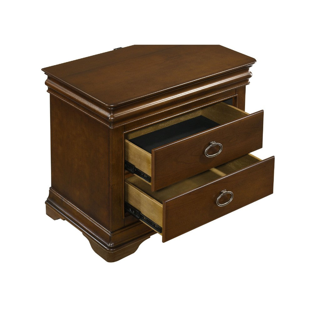 Benjara Gravis Nightstand with 3 Drawers, Crown Moldings, Cherry Brown, 28 Inch