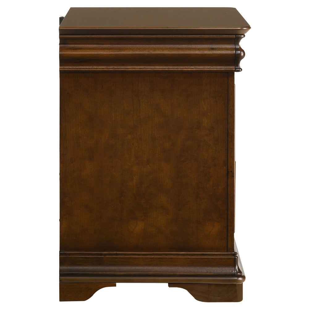 Benjara Gravis Nightstand with 3 Drawers, Crown Moldings, Cherry Brown, 28 Inch