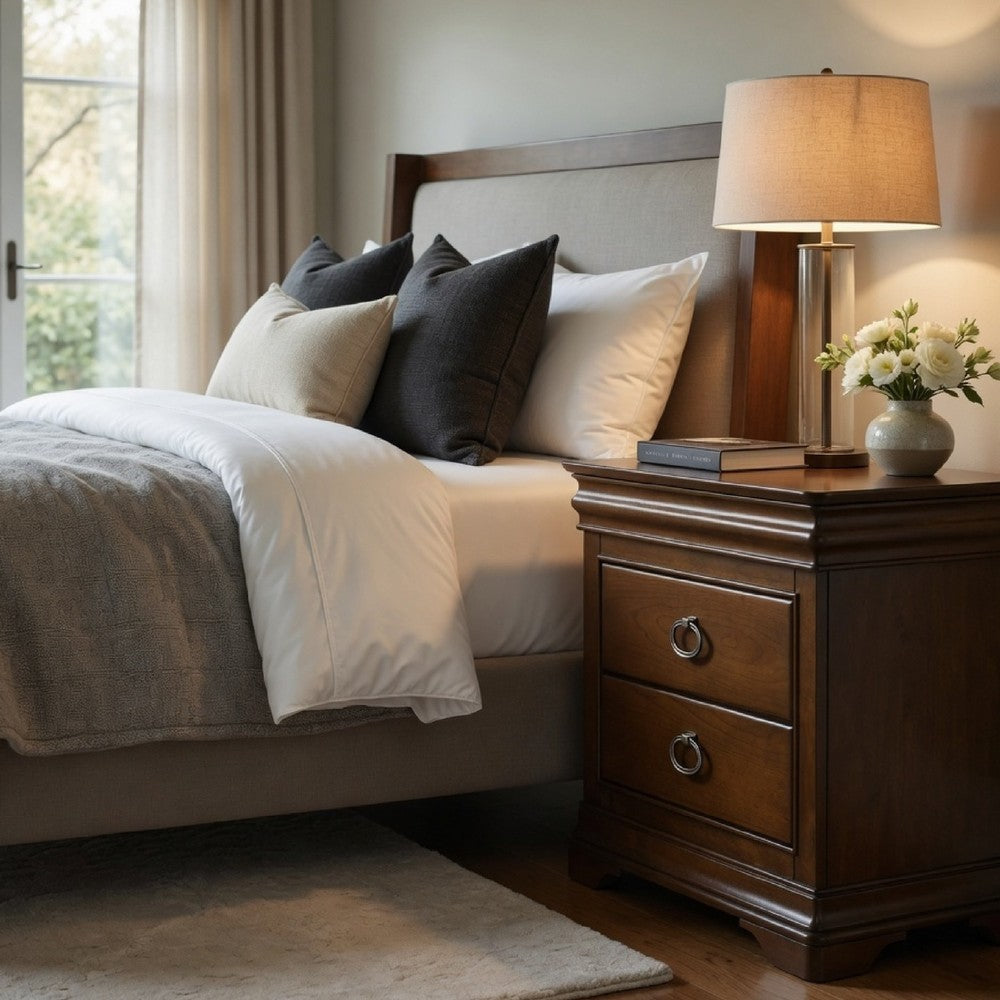 Benjara Gravis Nightstand with 3 Drawers, Crown Moldings, Cherry Brown, 28 Inch