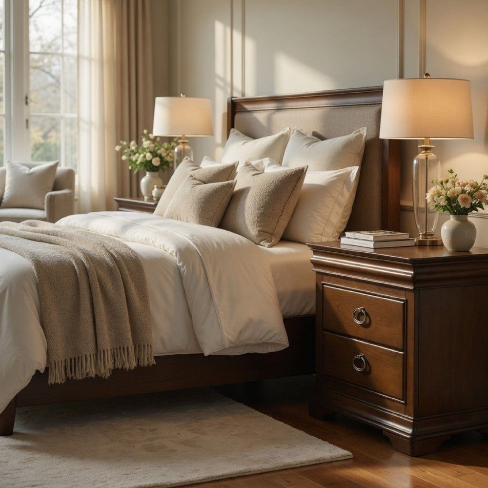 Benjara Gravis Nightstand with 3 Drawers, Crown Moldings, Cherry Brown, 28 Inch