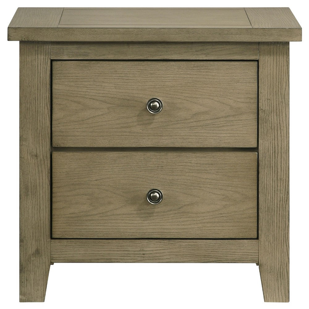 Benjara Hazel Nightstand, 2 Drawers, Antique Nickel Knobs, Oak Brown Wood 25 Inch