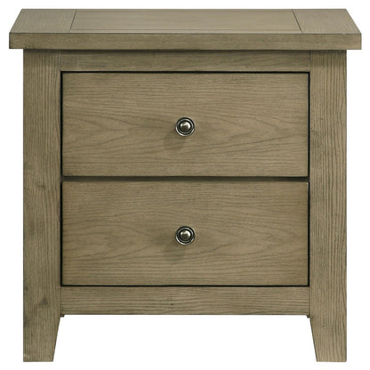 Benjara Hazel Nightstand, 2 Drawers, Antique Nickel Knobs, Oak Brown Wood 25 Inch