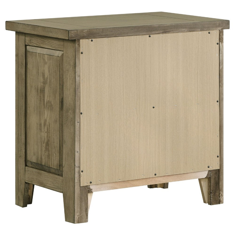 Benjara Hazel Nightstand, 2 Drawers, Antique Nickel Knobs, Oak Brown Wood 25 Inch