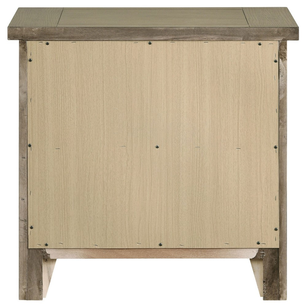 Benjara Hazel Nightstand, 2 Drawers, Antique Nickel Knobs, Oak Brown Wood 25 Inch
