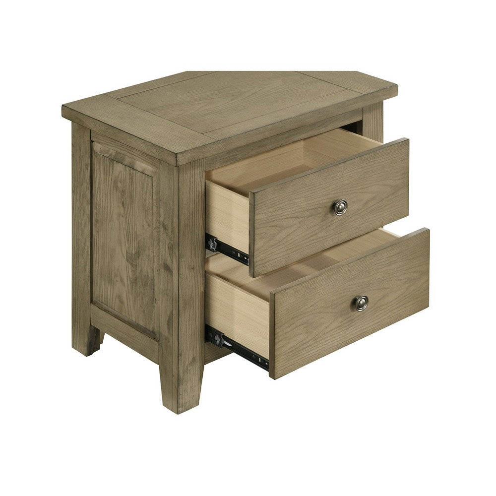 Benjara Hazel Nightstand, 2 Drawers, Antique Nickel Knobs, Oak Brown Wood 25 Inch
