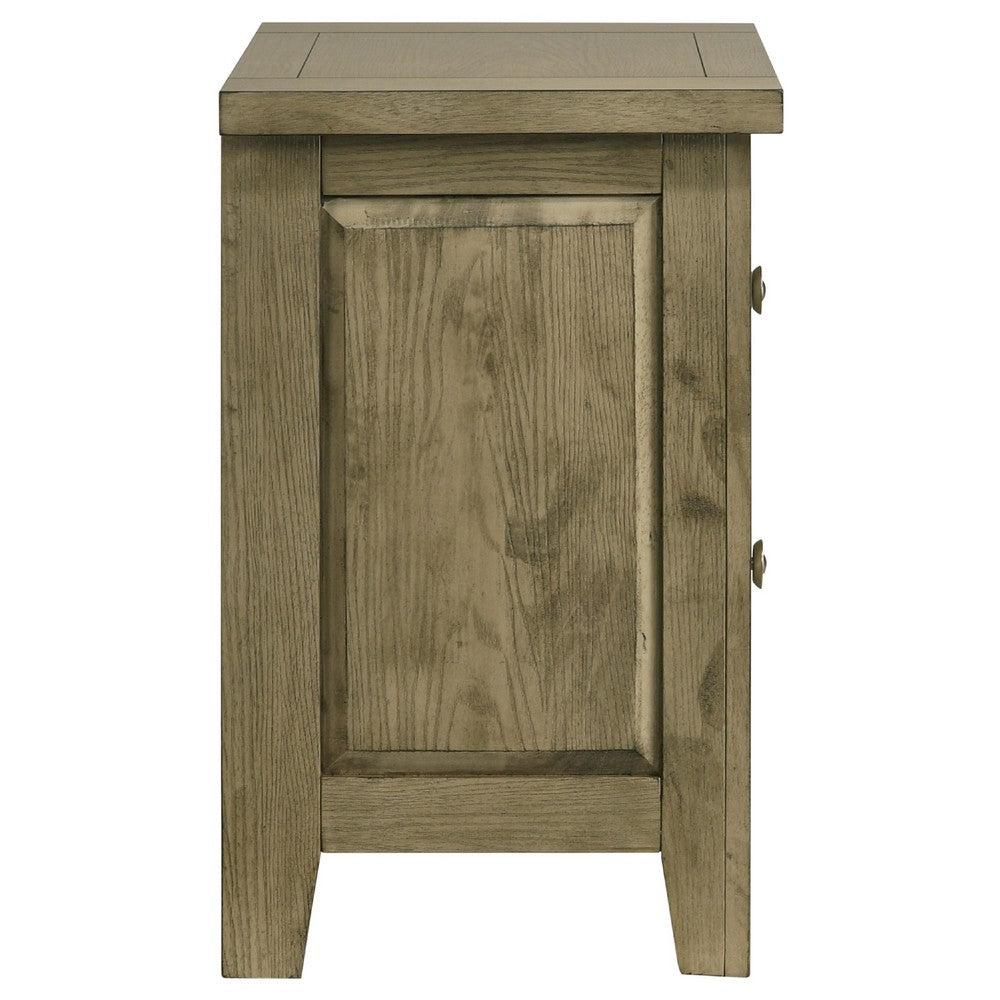 Benjara Hazel Nightstand, 2 Drawers, Antique Nickel Knobs, Oak Brown Wood 25 Inch