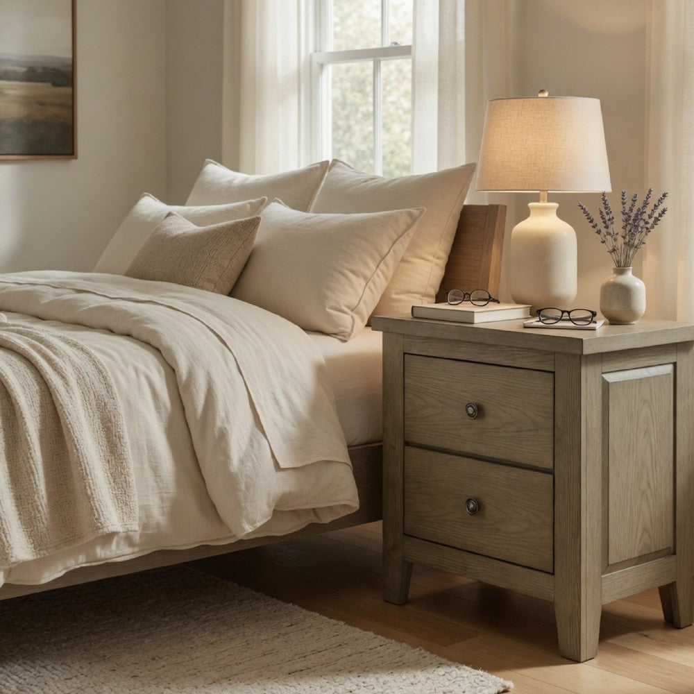 Benjara Hazel Nightstand, 2 Drawers, Antique Nickel Knobs, Oak Brown Wood 25 Inch