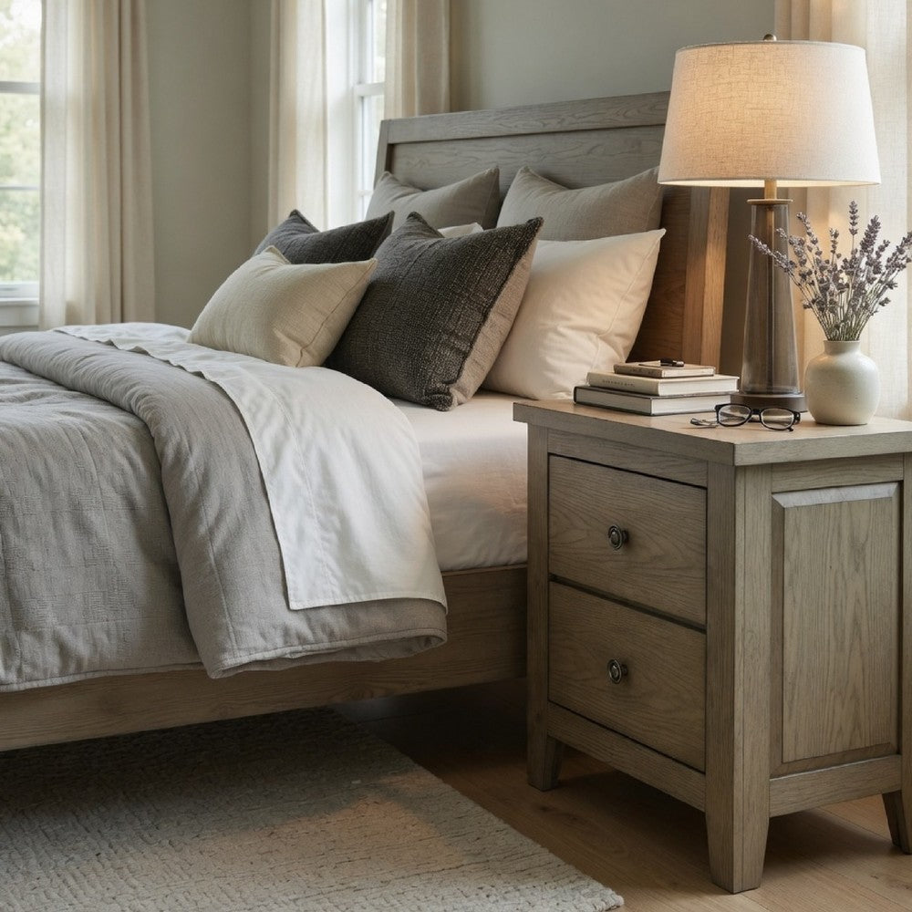 Benjara Hazel Nightstand, 2 Drawers, Antique Nickel Knobs, Oak Brown Wood 25 Inch