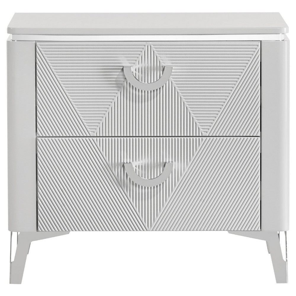 Benjara Ivana Nightstand with 2 Drawers, White Geometric Texture Wood 25 Inch