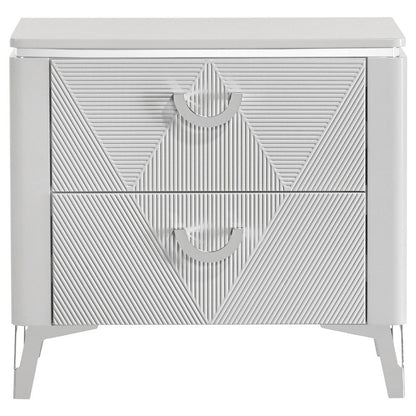 Benjara Ivana Nightstand with 2 Drawers, White Geometric Texture Wood 25 Inch