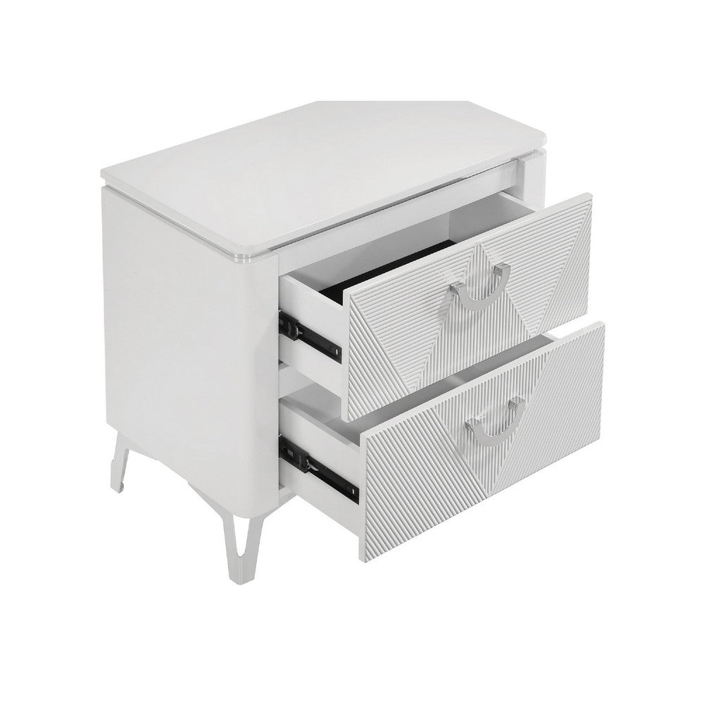Benjara Ivana Nightstand with 2 Drawers, White Geometric Texture Wood 25 Inch