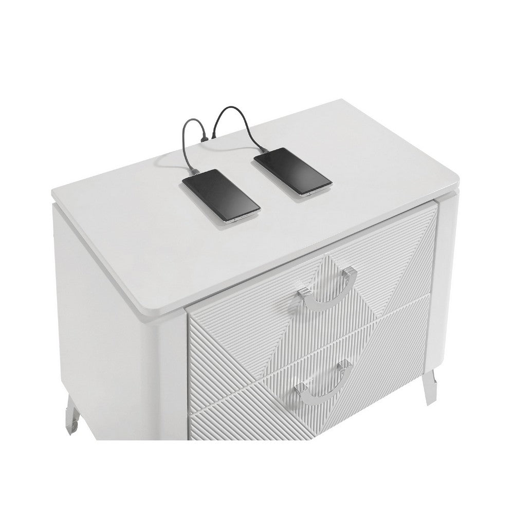 Benjara Ivana Nightstand with 2 Drawers, White Geometric Texture Wood 25 Inch