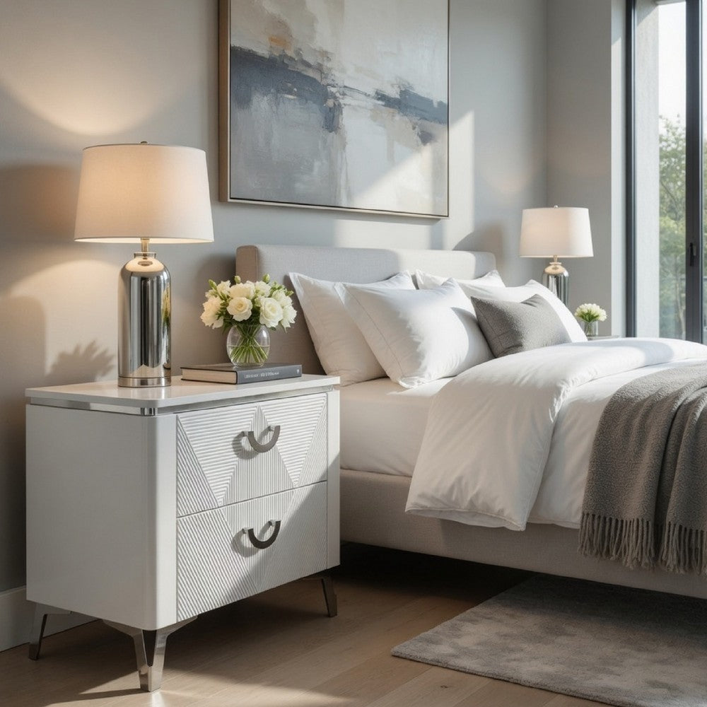 Benjara Ivana Nightstand with 2 Drawers, White Geometric Texture Wood 25 Inch