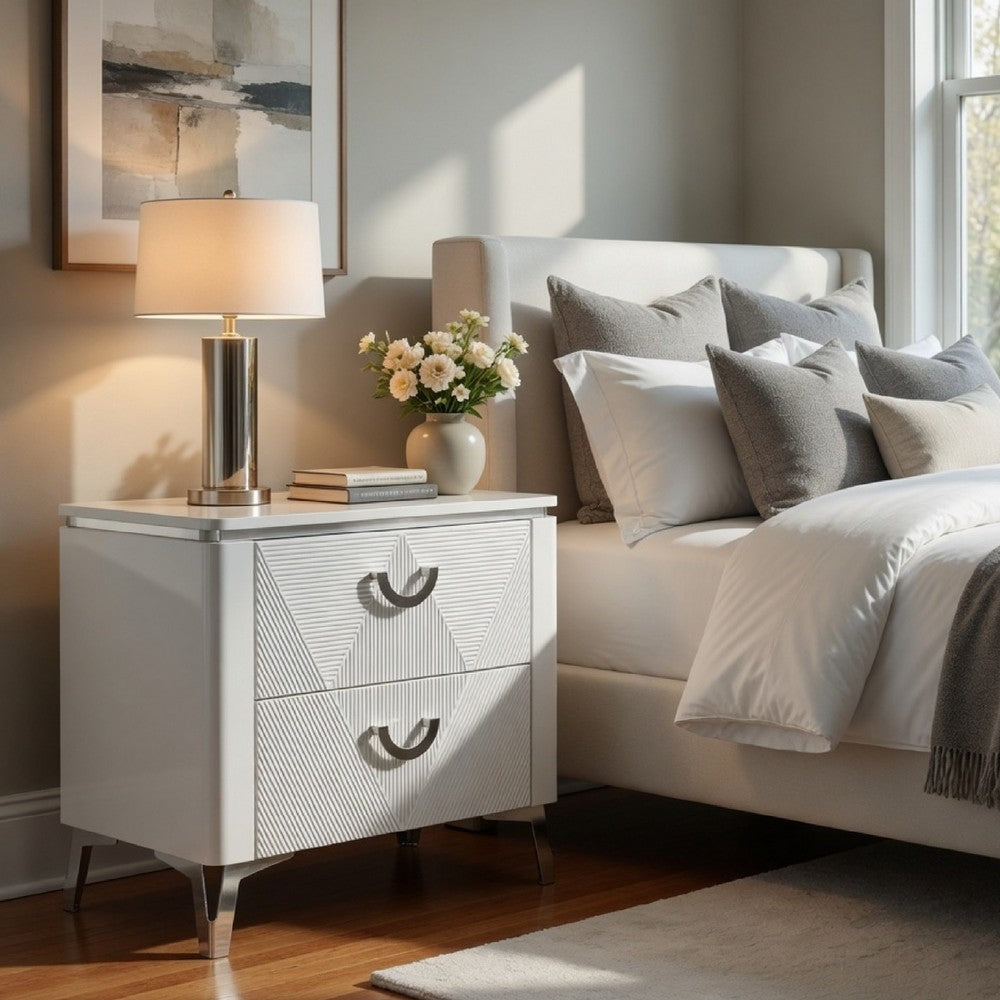Benjara Ivana Nightstand with 2 Drawers, White Geometric Texture Wood 25 Inch