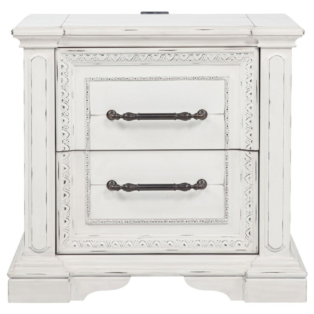 Benjara Jenie Nightstand, 2 Drawer And USB Port, Vintage White Wood 32 Inch
