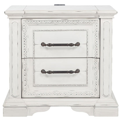 Benjara Jenie Nightstand, 2 Drawer And USB Port, Vintage White Wood 32 Inch