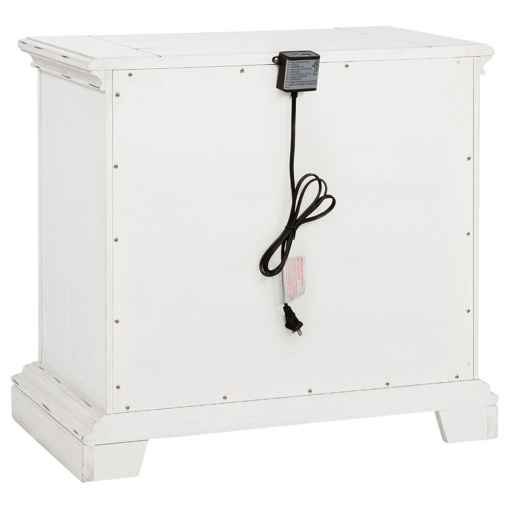 Benjara Jenie Nightstand, 2 Drawer And USB Port, Vintage White Wood 32 Inch