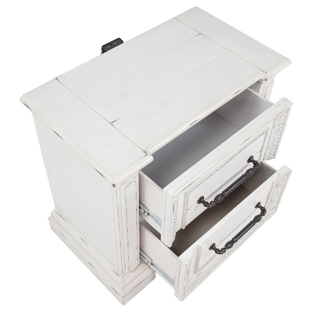 Benjara Jenie Nightstand, 2 Drawer And USB Port, Vintage White Wood 32 Inch