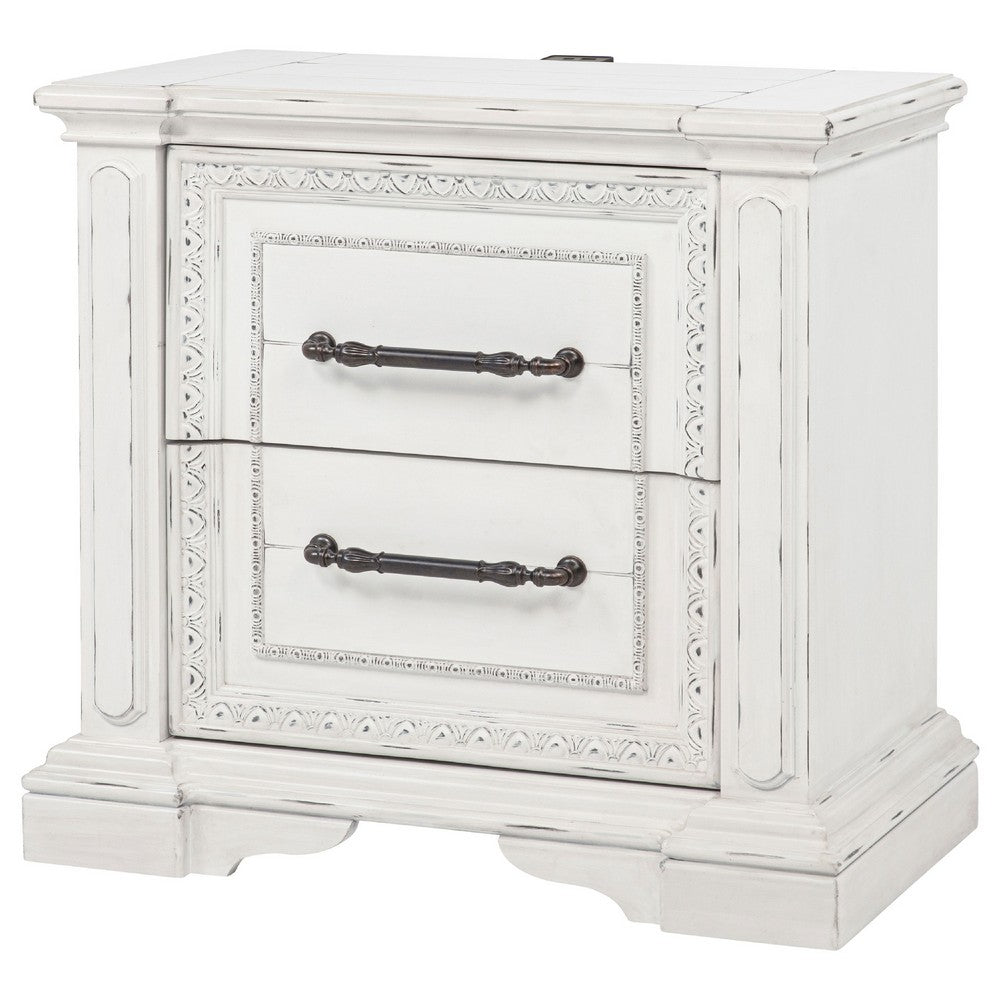 Benjara Jenie Nightstand, 2 Drawer And USB Port, Vintage White Wood 32 Inch