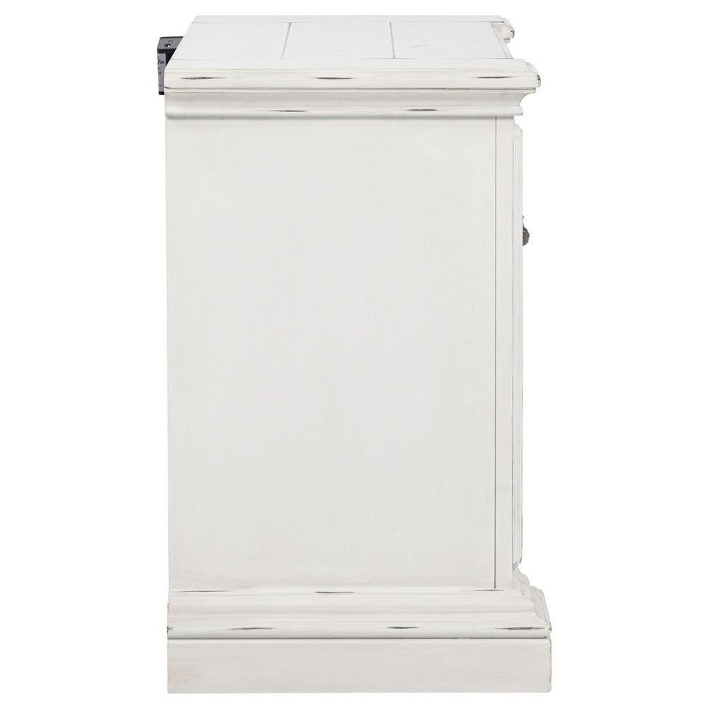 Benjara Jenie Nightstand, 2 Drawer And USB Port, Vintage White Wood 32 Inch