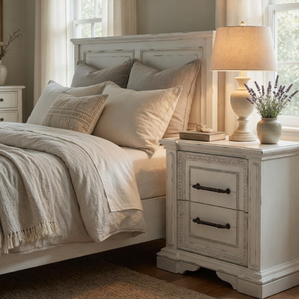 Benjara Jenie Nightstand, 2 Drawer And USB Port, Vintage White Wood 32 Inch
