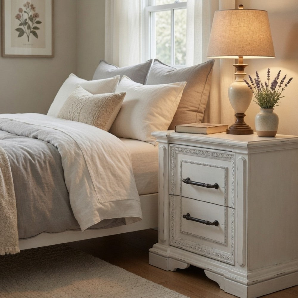 Benjara Jenie Nightstand, 2 Drawer And USB Port, Vintage White Wood 32 Inch